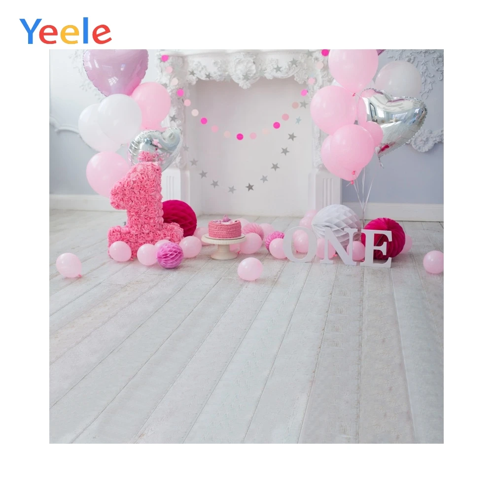 

Yeele Pink Balloons Baby 1st Birthday Party Cake Flower Gray Wooden Floor Child Portrait Photo Backgrounds For Photo Backdrops