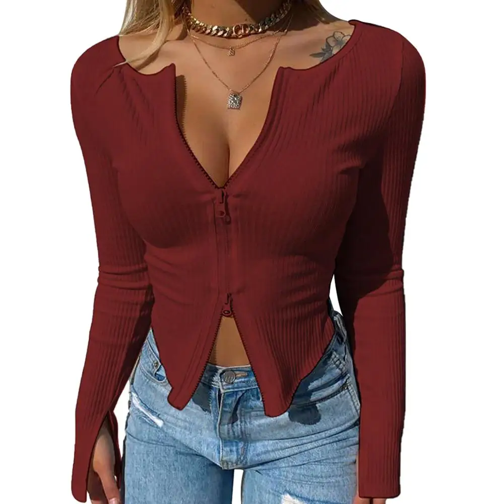 Women Front Zipper Ribbed Crop Top Autumn Solid Color Zip Long Sleeve V Neck Tight Knitwear T Shirts Tops tees Tees