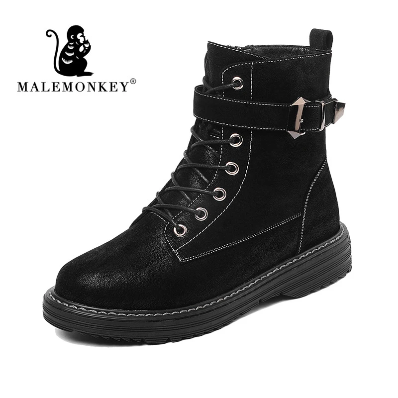 New Buckle Winter Motorcycle Boots Women British Style Ankle Boots Platform Black Comfortable and Soft Big Size