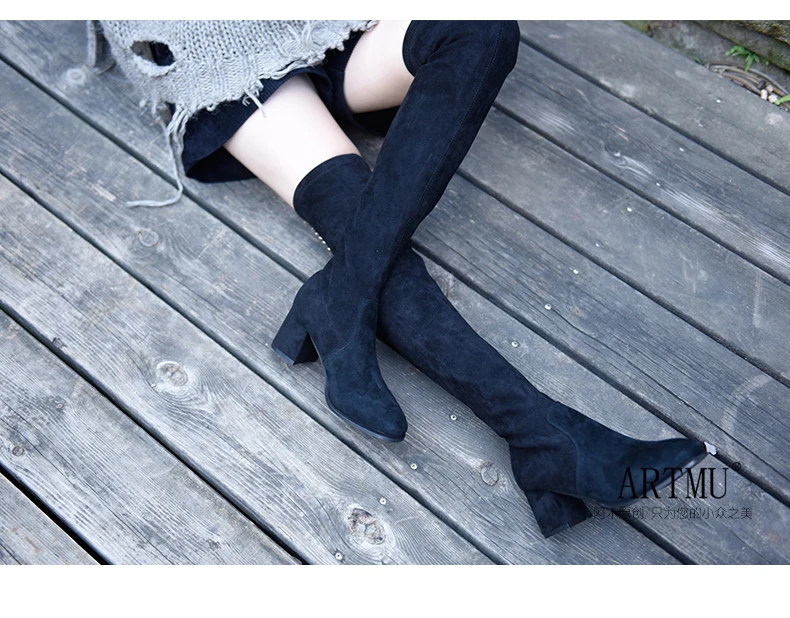 Artmu Original New High Heel High-knee Boots Slim Boots Comfortable Handmade Black Women Boots Slip-on Long Boots 1901-1