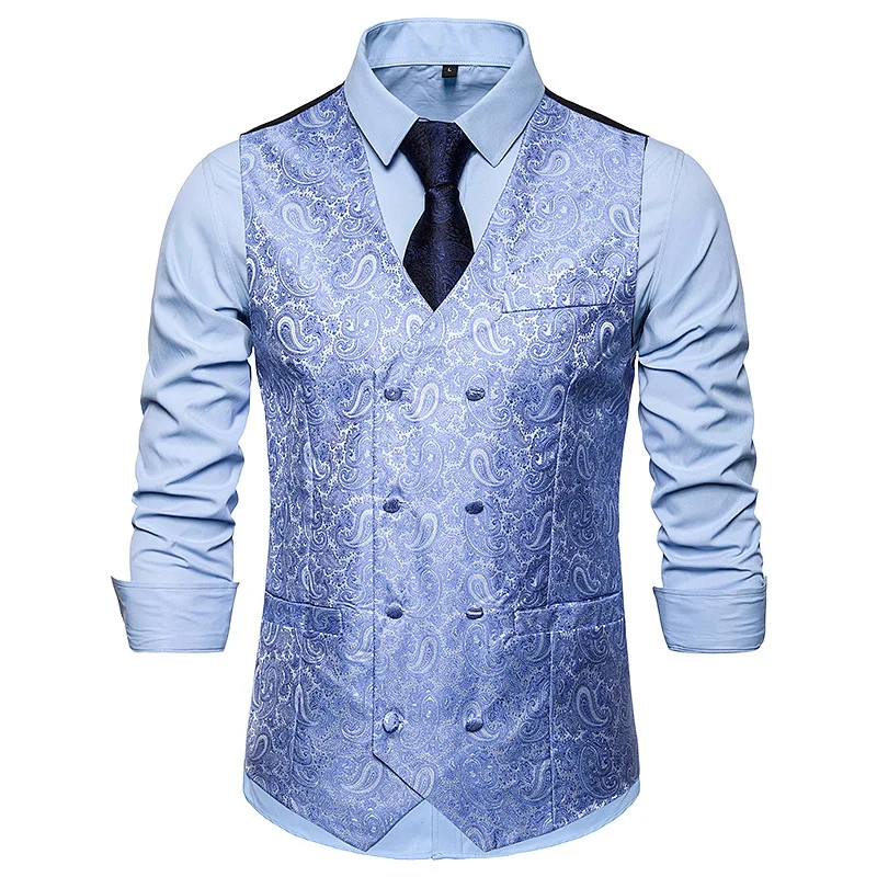 light blue Мужской джентльменский Повседневный жилет для делового костюма брендовый приталенный двубортный жилет мужские вечерние свадебные жилеты Homme костюм - Цвет: light blue