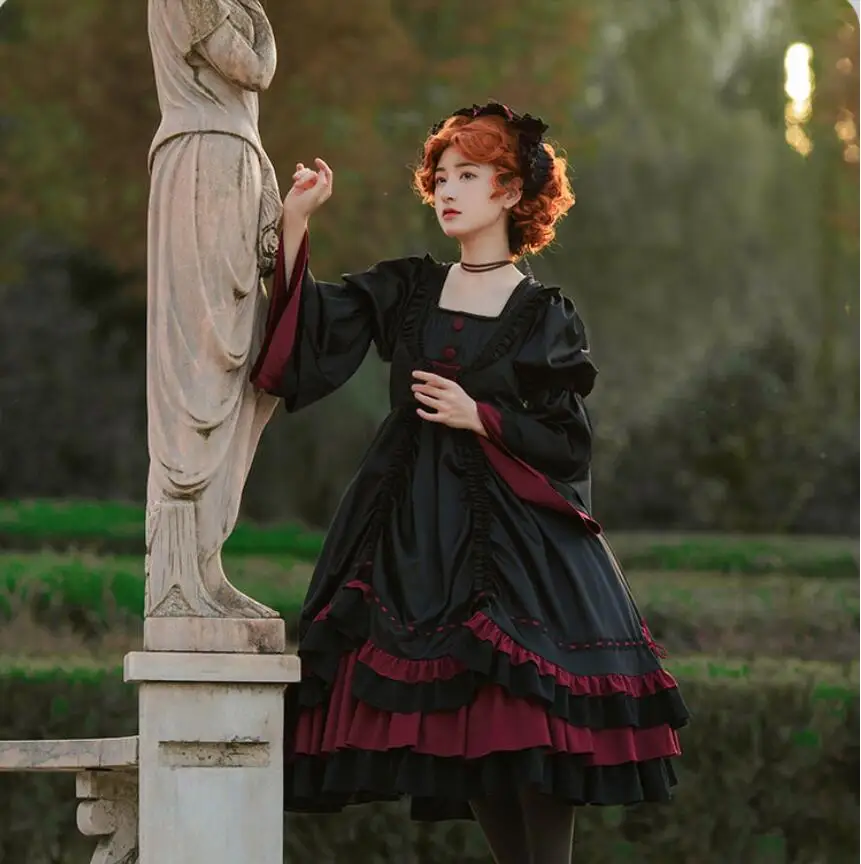 

Kawaii girl gothic lolita op loli cosplay Gothic vintage sweet lolita dress falbala square collar flare sleeve victorian dress