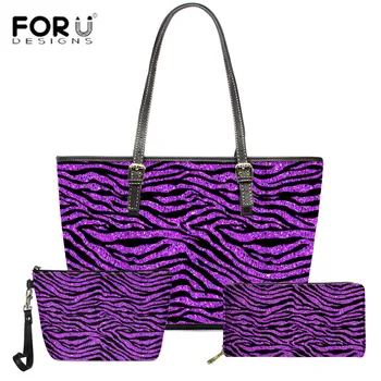 

FORUDESIGNS New Purple Golden Zebra Print Handbags Women Casual 3pcs/set Shoulder Bags Large Shopping Totes Purse For Women
