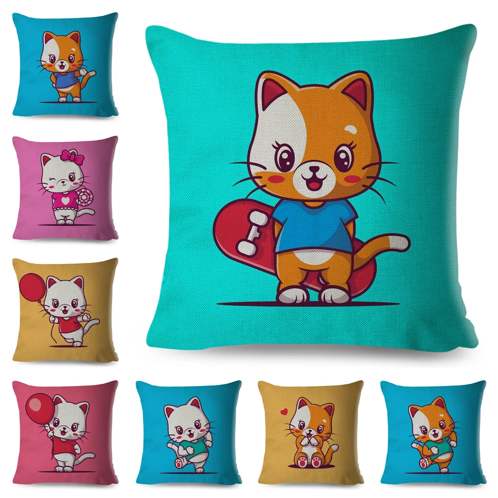

Разноцветный чехол для подушки с милым котом, декоративный мультяшный чехол для подушки с принтом животных, полиэстеровый чехол для подушки для дома, дивана, детской комнаты