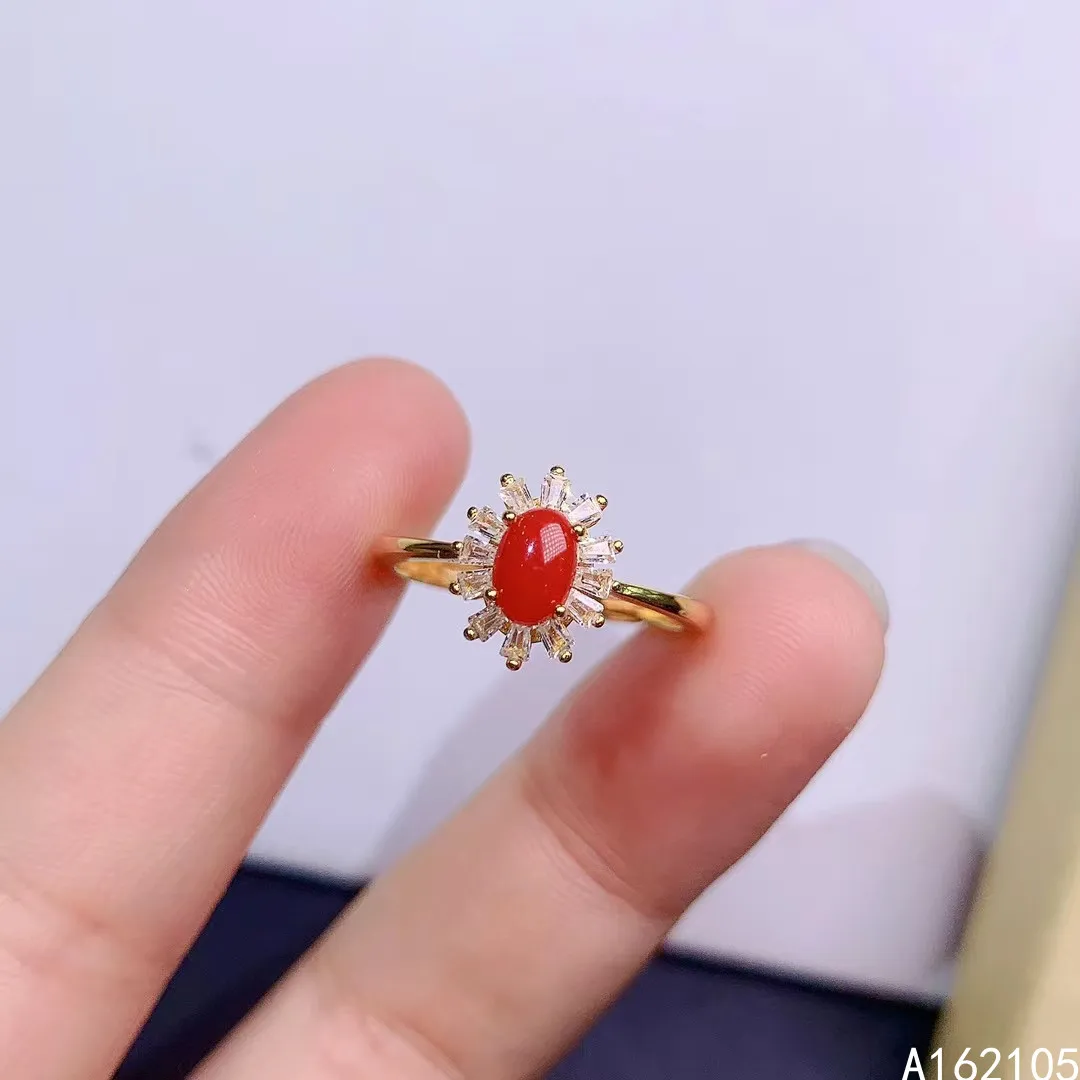 

925 pure silver Chinese style natural Akase Red Coral women's fresh elegant flower oval adjustable gem ring fine jewelry support