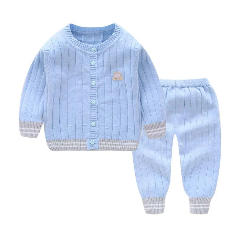 Light blue Осенне-зимний комплект для маленьких мальчиков и девочек, Хлопковый вязаный кардиган, свитер, детская одежда, теплые штаны для малышей, Одежда для новорожденных - Цвет: Light blue