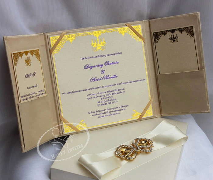 HI2003-19 Ivory Silk Folder Wedding Invitation with Gold Foiling and Purple Foiling Printing, Gold Crown Bulcke More Colors Colors Optional Made in China