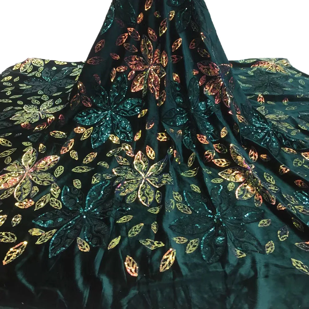 

Dark Teal Velvet lace fabric with sequins African lace fabric 2020 sequence Nigerian lace fabric for wedding party dresses