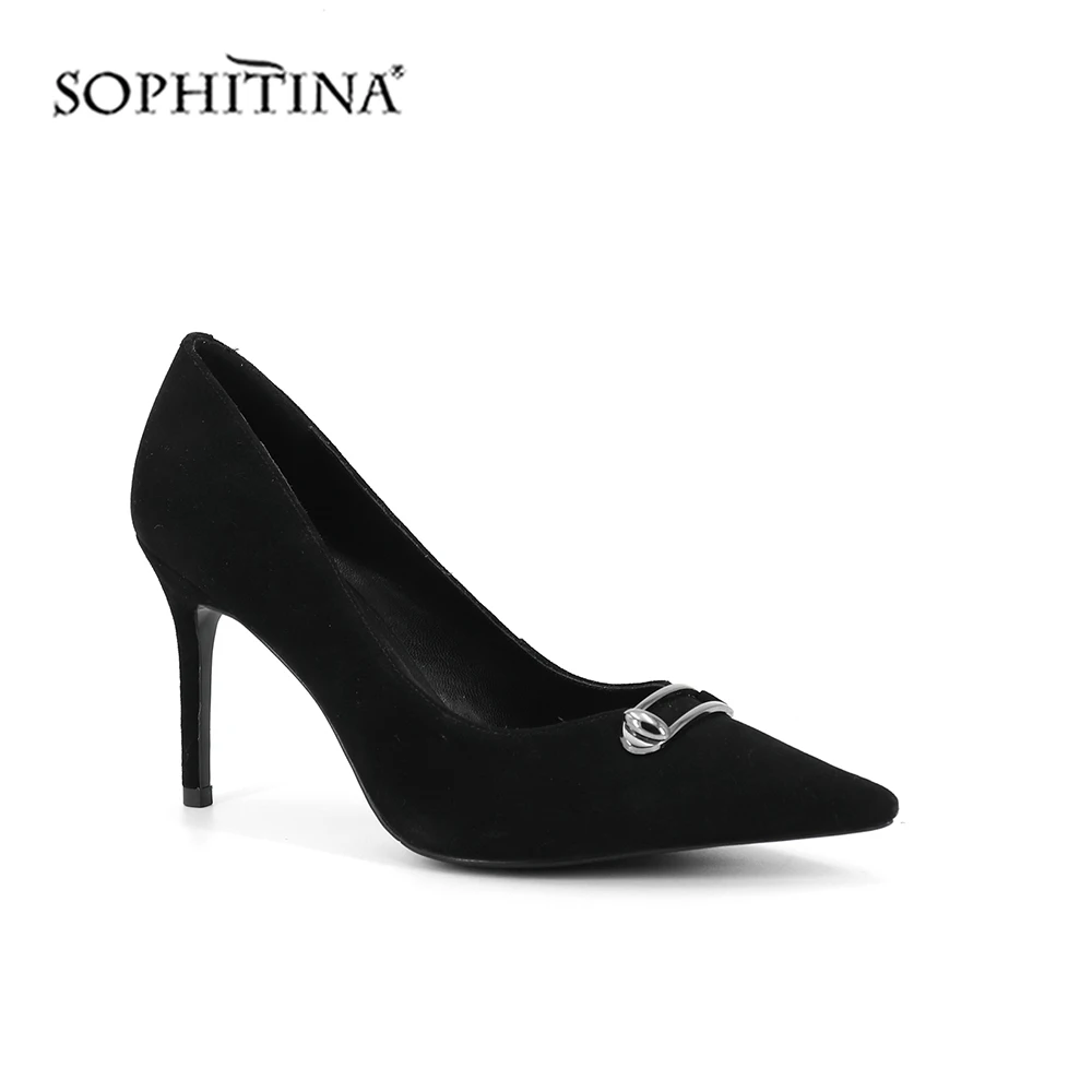 SOPHITINA/пикантные туфли-лодочки с острым носком; Высококачественная замшевая Элегантная модная обувь на тонком каблуке с металлическим украшением; новые женские туфли-лодочки; SC232