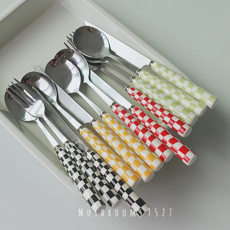 

Korean Style Popular Chic Checkerboard Stainless Steel Cutlery Spoon Ceramic Handle Steak Knife Gourmet Photo Tableware
