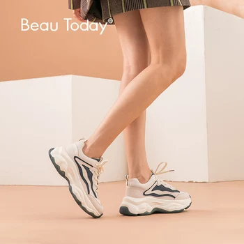 

BeauToday Chunky Sneakers Women Genuine Cow Leather Round Toe Lace-Up Mixed Colors Lady Casual Platform Shoes Handmade 29323