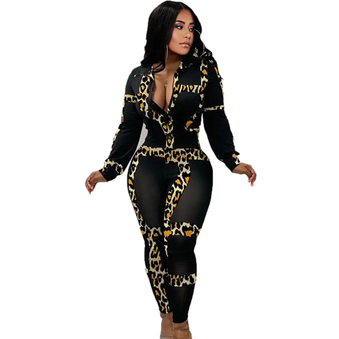 Осенний женский леопардовый принт комбинированная рубашка с отложным воротником с длинными рукавами комбинезон Bodycon пикантная обувь для ночного клуба вечерние Тощий Ползунки Комбинезоны