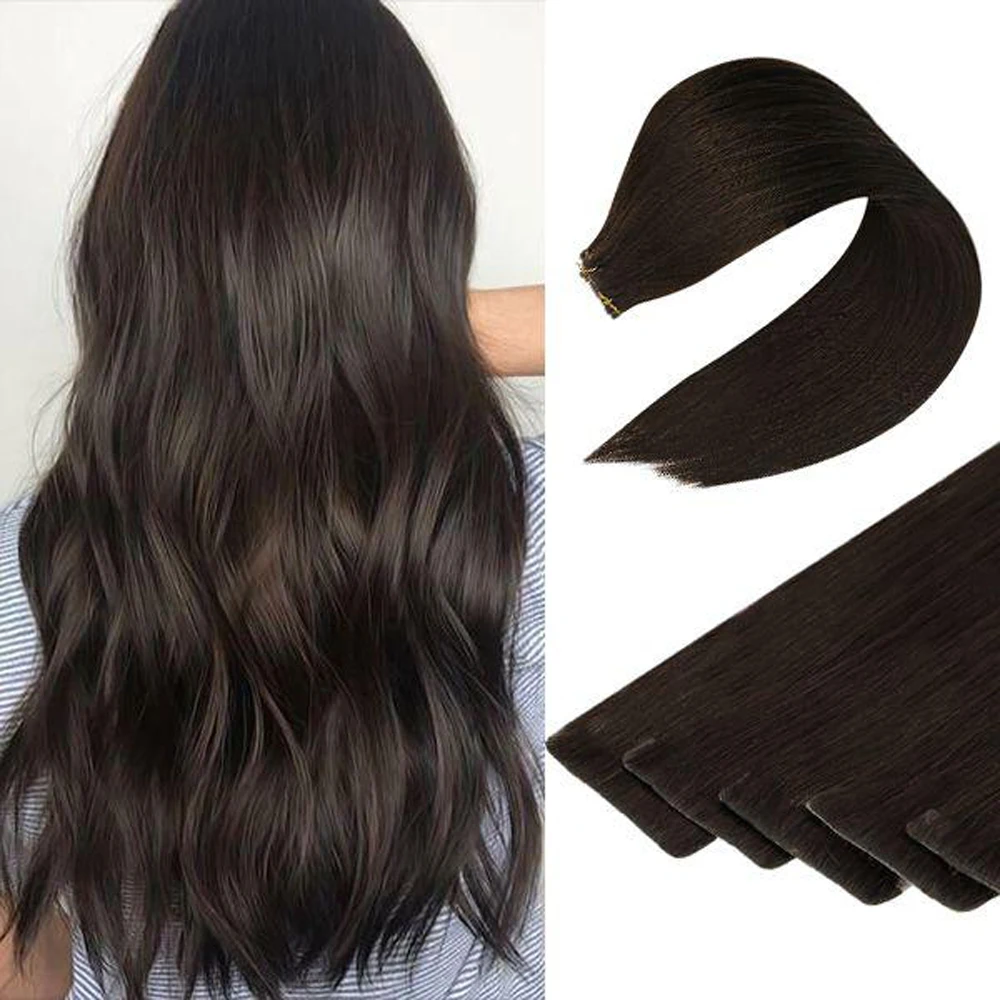 Seamless Tape in Hair Extensions Injected Real Human Hair Darkest Brown Virgin Double Drawn Hair Extensions Human Hair Natural