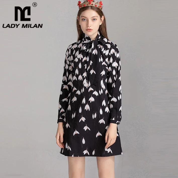 

Women's Runway Dresses Bow Collar Floral Printed Long Sleeves Loose Designer Fashion Casual Short Dresses