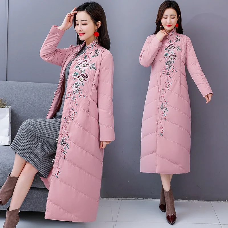 

Stand Collar Xie Jin Long Jacket Women's Long over-the-Knee to Ankle Chinese Style Cotton Coat Women's Vintage Slim Fit Winter T