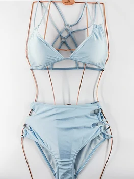 

2020 new solid color bikini bikini suit push-up style blue