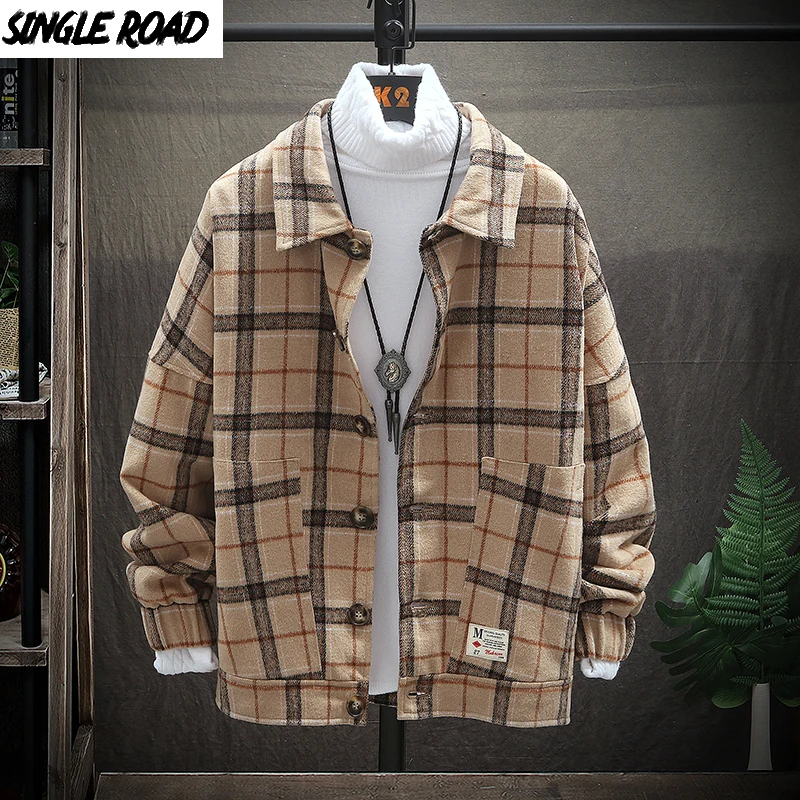 SingleRoad-Chaqueta de a cuadros para hombre, abrigo informal Retro a de lana, chaquetas, ropa coreana, ropa japonesa