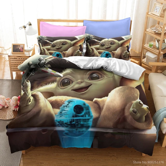 Juego de cama 3d de dibujos animados para niños, funda nórdica con funda de almohada de bebé Yoda Star Wars, tamaño Queen y King, textil para el hogar, regalo _ -
