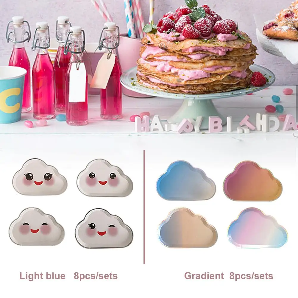 

8Pcs Funny Cloud Smiley Mixed Paper Plate Tray Flatware Set Expression Picnic Tray Cute White Paper Tray For Birthday Party