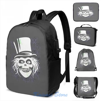 

HATBOX GHOST WITH GRUNGY HAUNTED MANSION WALLPAPER USB Charge Backpack men School bags Women bag Travel laptop bag