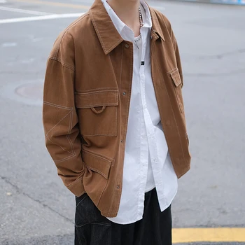 

Autumn New Tooling Jacket Men Slim Fashion Solid Color Casual Multi-pocket Jacket Man Streetwear Wild Hip-hop Bomber Jacket