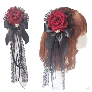 Veil Palace Style Lolita Hair Accessories Rose Hairpin cla Gothic Lolita Hand-Made Dark Headdress …