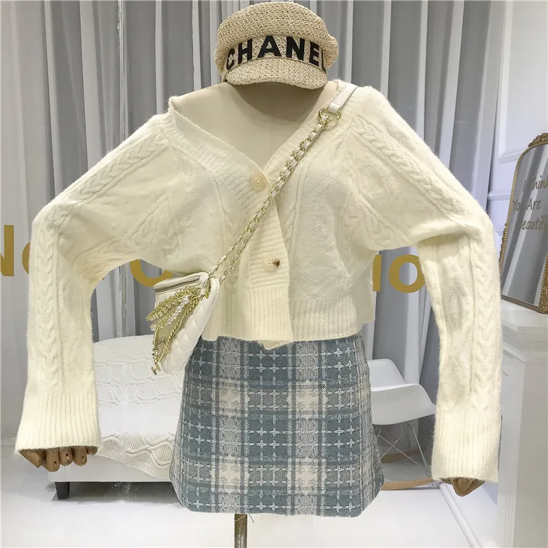 Женский кардиган с v-образным вырезом однобортный Argyle короткий женский s свитер корейский модный женский свободный вязаный свитер женский кардиган