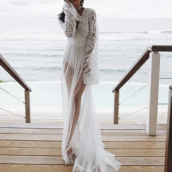 

Sexy Lace Embroidery Long Beach Dress Women Summer Illusion V-Neck Evening Party Dresses Elegant Sundress Women's Maxi Robe