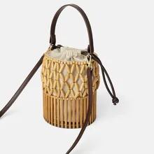 Женская модная простая бамбуковая пляжная тканая сумка холщовая хозяйственная сумка через плечо мешковидный, со шнурком сумка