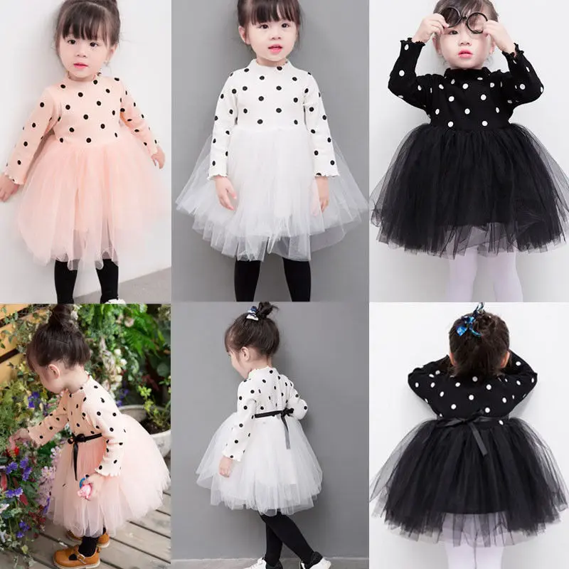 Pudcoco/модное трикотажное платье-пачка из тюля с длинными рукавами в горошек для маленьких девочек От 0 до 4 лет