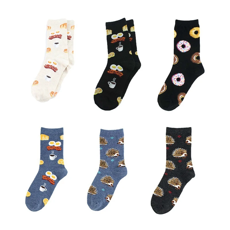 Женские носки в японском стиле Харадзюку с изображением пончика кофейного Ежика; милые женские забавные носки с героями мультфильмов