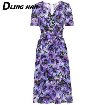 

LINGHAN Fashion Floral-Print Silk Dress Elegant V-neck Short sleeve Sashes Party Dresses Designer Summer Women's New