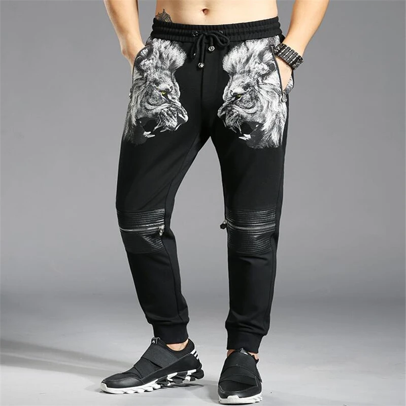 Europe men's casual sweatpant style personality embroidery lion head self-cultivation foot pants Comfortable men's trousers