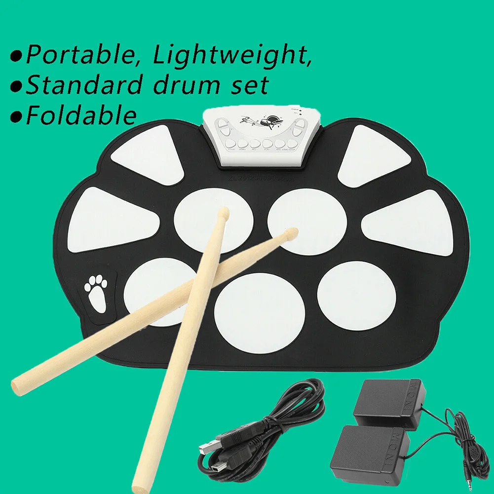 

Portable Roll Up Stick Pad USB Funny With Speakers Kids Toy Digital For Beginners Silicone Electronic Drum Set Foot Pedals Gift