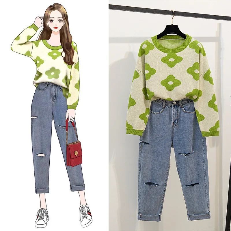 

Photo Shoot 2019 Early Autumn New Style Laziness-Style Sweater Sweater Outer Wear Tops with Holes Loose-Fit Jeans WOMEN'S Suit