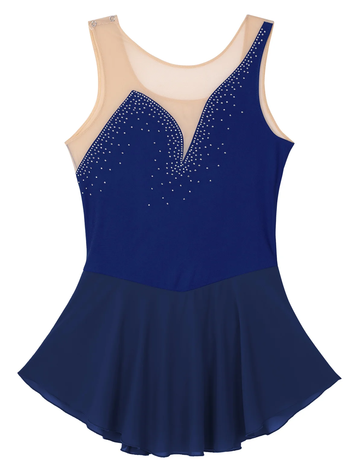 Navy Blue iEFiEL Women Adult Dancing Costumes Mesh Splice Bodice with Shiny Rhinestones Figure Skating Dancewear Gymnastics Leotard Dress - Цвет: Navy Blue