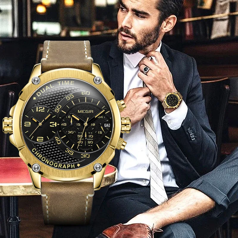 

Fashion Double-time Movement Multi-function Leather Quartz Watch Unique Luxury Business Waterproof Vintage Relogio Masculino