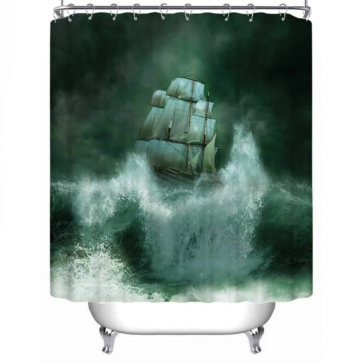 

Pirate Ship Fabric Shower Curtain,Old Ship in Thunderstorm Digital Artwork Fantasy Adventure,71''L x 71''W