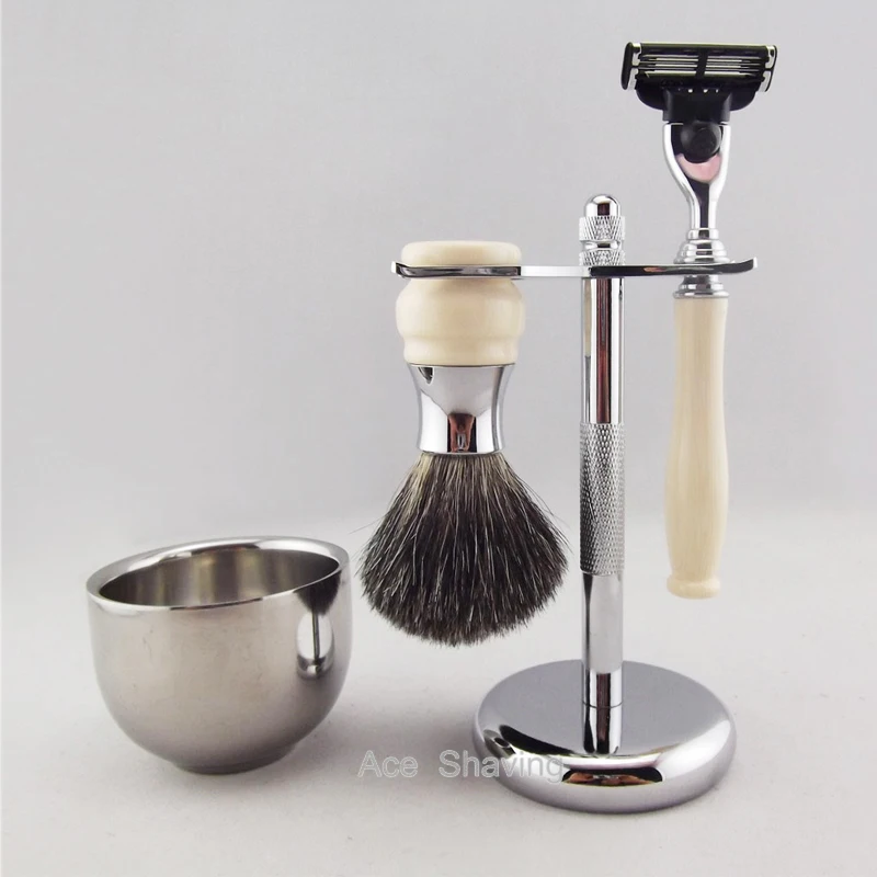 Black Hair Brush Барсучьей шерсти для бритья помазок 3 Слои лезвие Человек Уход за кожей лица Бритва для чистого бритья металлический держатель чашечкой кружкой комплект Наборы - Цвет: Black Hair Brush
