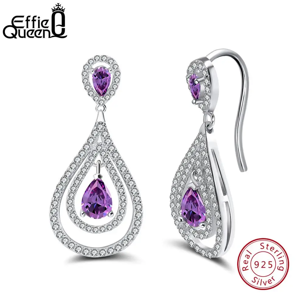 Effie queen Женские Висячие серьги из серебра S925 пробы в форме капель воды фиолетовый кубический циркон Висячие серьги вечерние ювелирные изделия TSE47