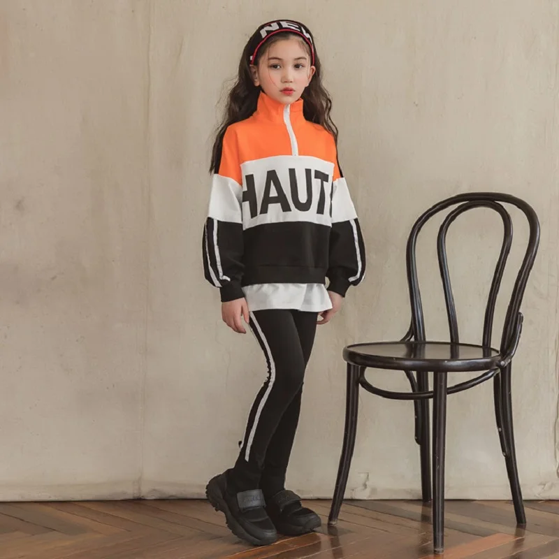 

Orange Color Zipper Top and White Bar Pants Set for 4-6 8- 10- 12 Years Girls Fall Children Clothes Cotton Sports Girls Suit New
