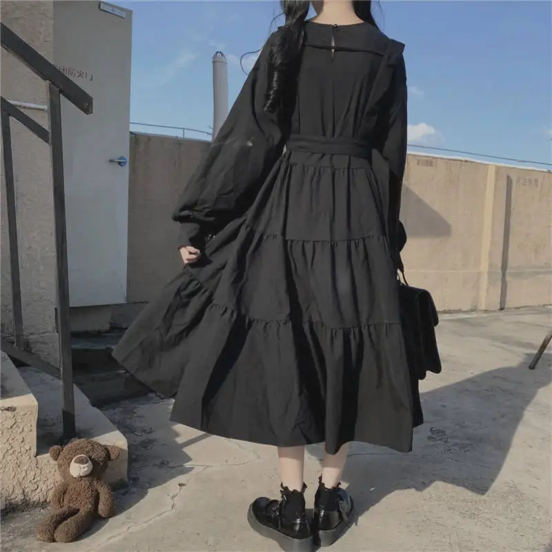 Long Sleeve Dress Women Korean Style Ruffle Leisure All-match Simple Solid O-neck Elegant Retro College Mid-calf Autumn Preppy long dress