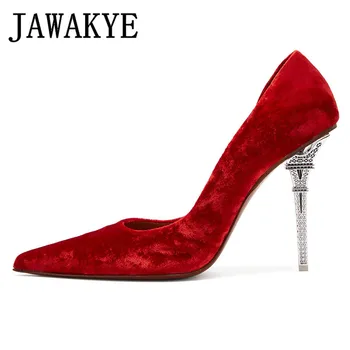 

JAWAKYE Red Velvet high Heeled shoes Women Pumps Point Wedding party shoes Rhinestone Metal Pagoda High heels 10 cm ladies shoes