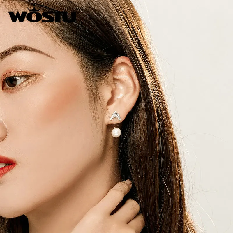 WOSTU, дизайн, 925 пробы, Серебряная Акула, висячие серьги для женщин, прозрачные циркониевые серьги с жемчугом вечерние, модные ювелирные изделия CQE773