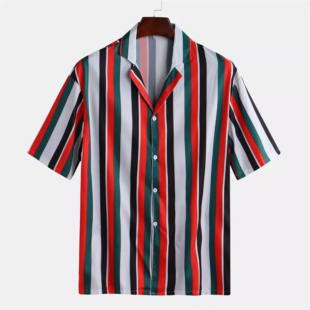 Red Camisas Masculina, мужские летние модные рубашки, повседневные рубашки в полоску, топ с коротким рукавом, блузка, Свободная Повседневная Уличная одежда - Цвет: Red
