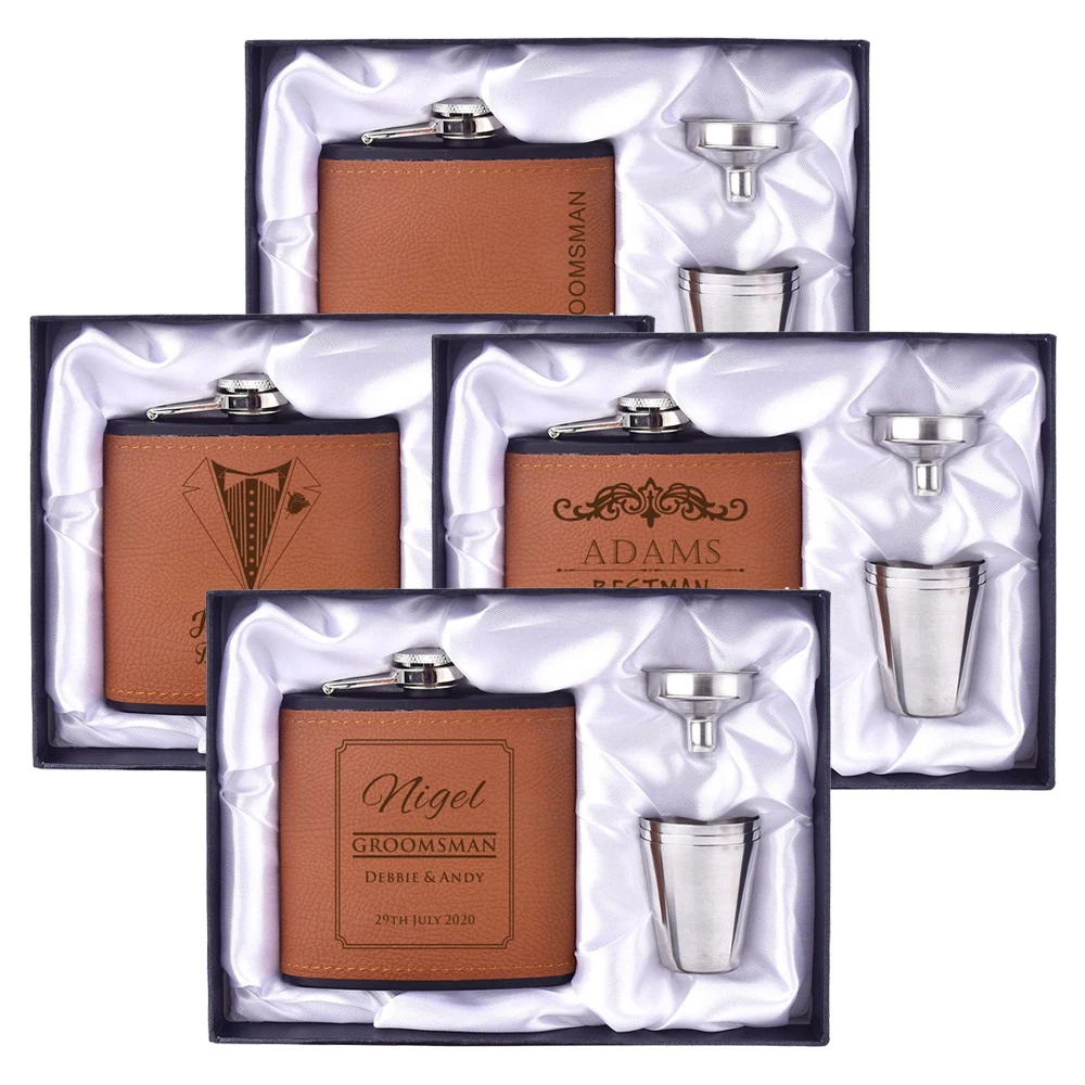 Personalized Flask 6oz Leather Hip Flask Stainless Steel Engrave guests Favors White box Wedding Gifts