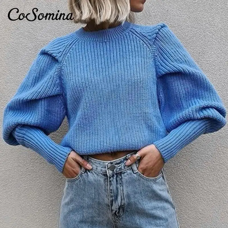 Модный женский свитер CoSomina с рукавами-фонариками джемпер круглым вырезом