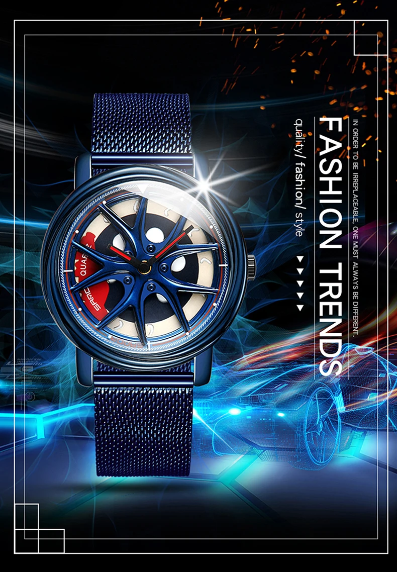 SANDA Men Rim Hub Watch Custom Design Car Wrist Watch Stainless Steel Custom not Printing Wheel Rim Hub Rotating Dial Watches