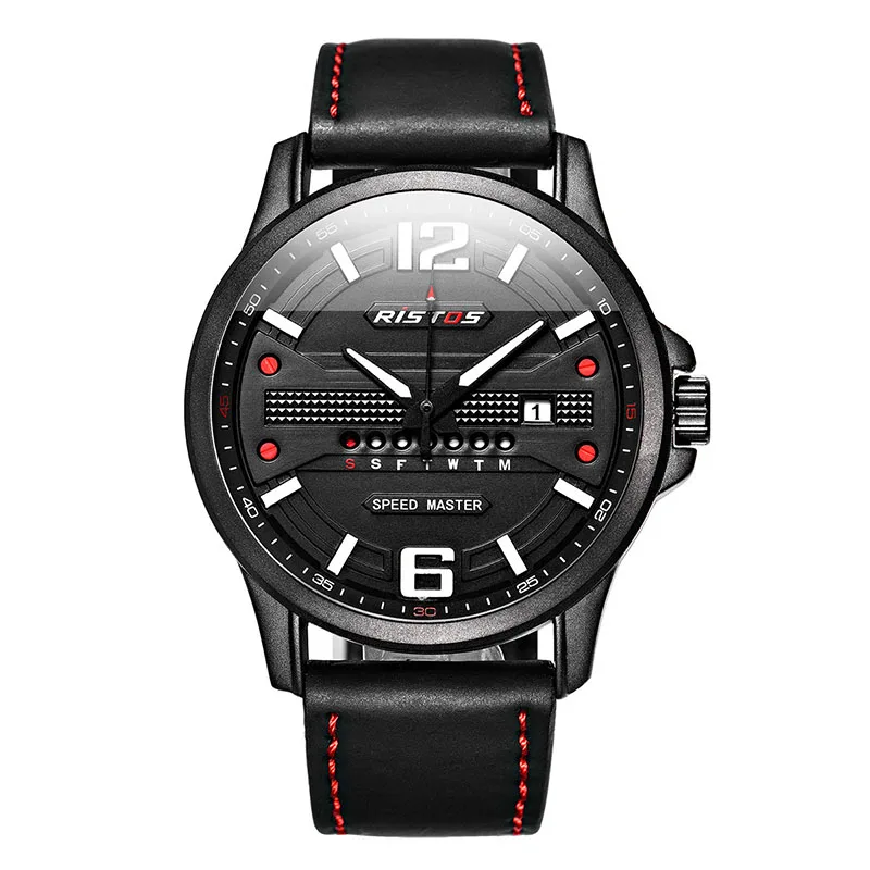 

RISTOS Brand Quartz Men Watch Men's Sport Genuine Leather Watches Fashion Analog Calendar Male Wristwatch Reloj Masculino Hombre