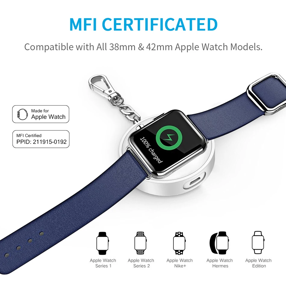 CHOETECH 900 мАч MFi сертифицированное Беспроводное зарядное устройство Магнитная зарядная док-станция с брелком для Apple Watch внешний аккумулятор банк питания